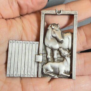 JJ Horse Stable Brooch Hinged Pewter Tone Pony Pin Jonette Jewelry 2”
